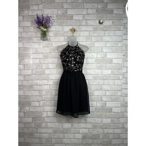 Francesca’s Black Halter Dress Gold Embroidered Accent